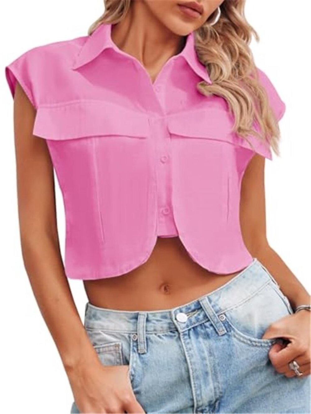 Women's Button Down Pink Shirts Cute Summer Cap Sleeve Crop Tops Blouse